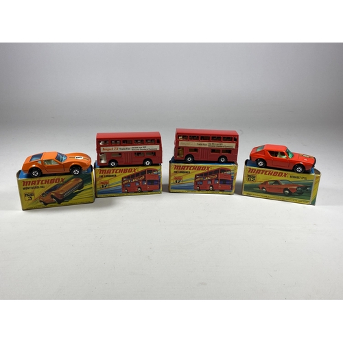 308 - A GROUP OF FOUR VINTAGE MATCHBOX NEW DIECAST MODELS TO INCLUDE TWO X THE LONDONER BUSES