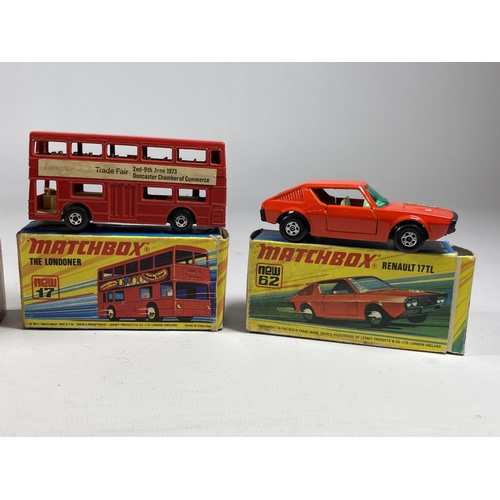 308 - A GROUP OF FOUR VINTAGE MATCHBOX NEW DIECAST MODELS TO INCLUDE TWO X THE LONDONER BUSES