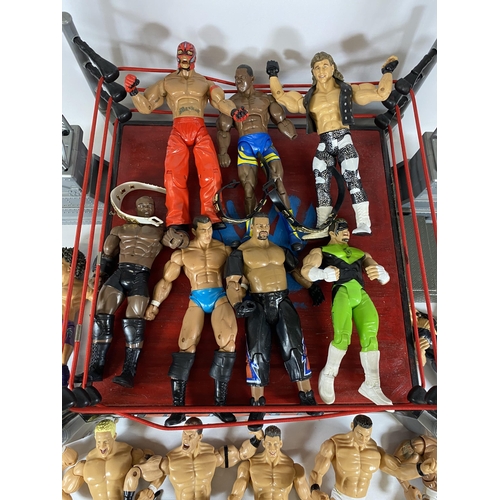 364 - A LARGE COLLECTION OF W.W.E WRESTLING FIGURES IN RING WITH BELTS ETC