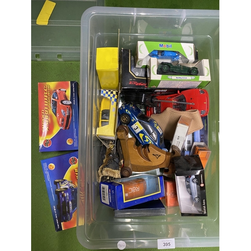 395 - A BOX OF ASSORTED CAR MODELS, AIRFIX CITROEN, SUBARU ETC