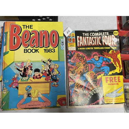 415 - A COLLECTION OF 1970'S & LATER COMICS, BEANO ANNUALS, FANTASTIC FOUR ETC