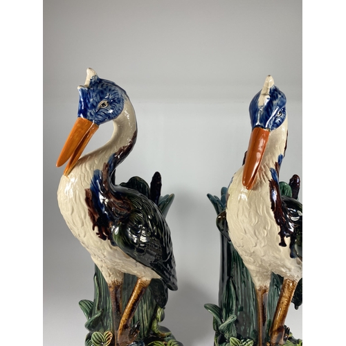 801 - A PAIR OF VICTORIAN MAJOLICA STYLE CONTINENTAL STORK FIGURES HEIGHT 38CM