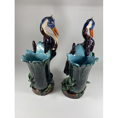 801 - A PAIR OF VICTORIAN MAJOLICA STYLE CONTINENTAL STORK FIGURES HEIGHT 38CM