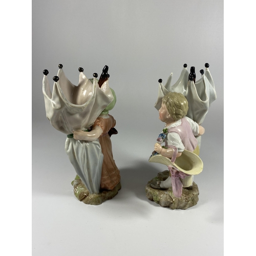 805 - A PAIR OF 19TH CENTURY DRESDEN STYLE CONTINENTAL HARD PASTE PORCELAIN FIGURES WITH CROSSED SWORD MAR... 