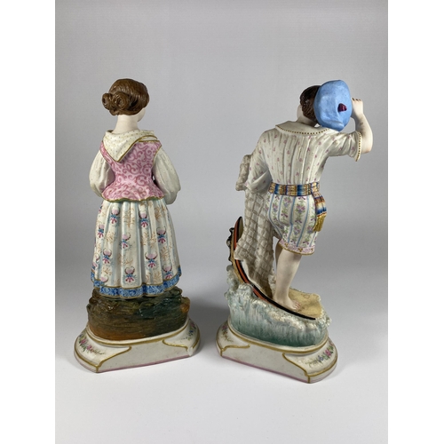 806 - A PAIR OF CONTINENTAL BISQUE FIGURES OF A BOY AND GIRL IMPRESSED MARKERS MARK 'AG' TO BASE HEIGHT 26... 