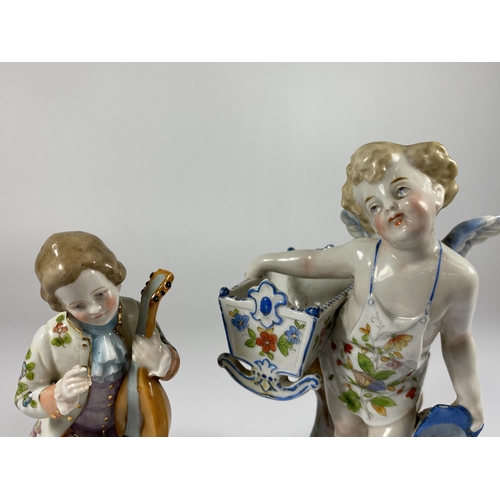 807 - TWO CONTINENTAL PORCELAIN FIGURES OF A MUSICIAN AND A CHERUB HEIGHT 17CM