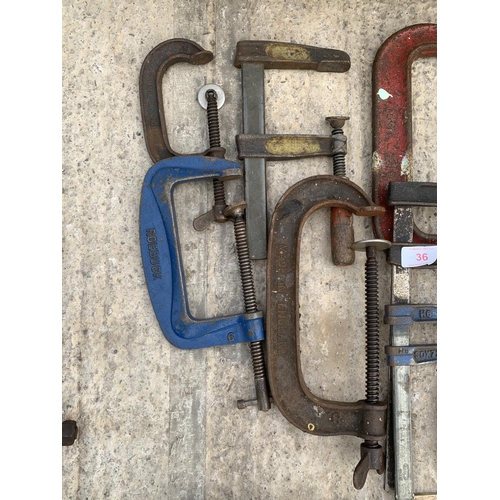 36 - NINE VARIOUS CLAMPS TO INCLUDE SIX G CLAMPS NO VAT