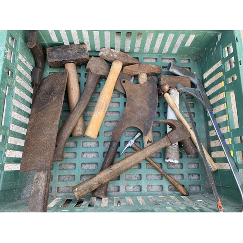 45 - A QUANTITY OF VINTAGE TOOLS TO INLCUDE VARIOUS HAMMERS, AXES AND SAWS NO VAT