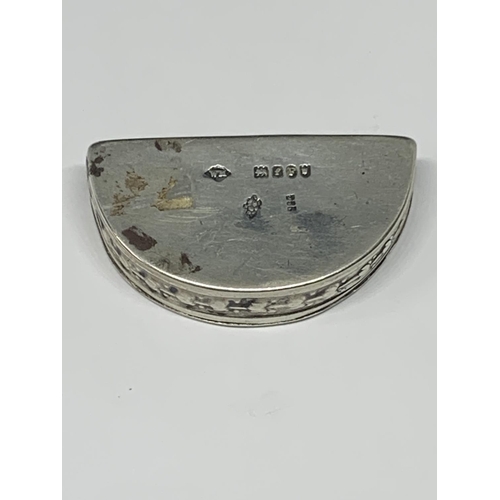 557 - A HALLMARKED LONDON SILVER HALF MOON PILL BOX