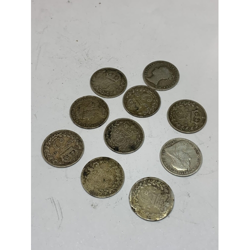 595 - TEN SILVER THREE PENCE COINS