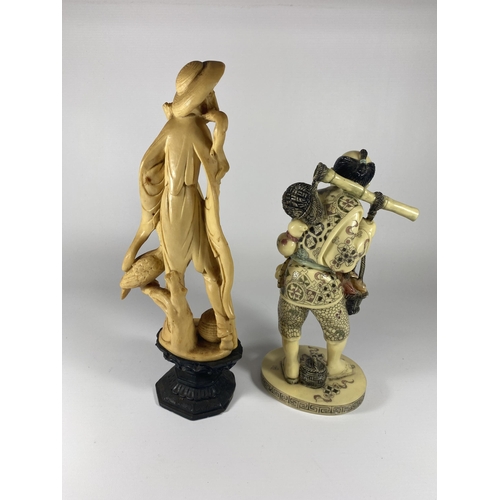 493 - TWO ORIENTAL FIGURES TO INCLUDE A RESIN FISHERMAN, HEIGHT OF LARGEST 30.5CM