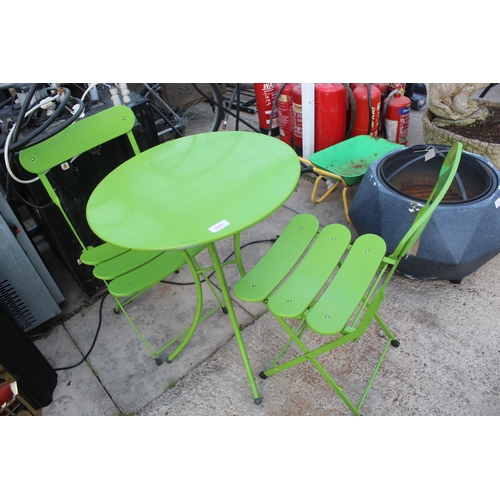 868 - A METAL FOLDING BISTRO SET COMPRISING OF A ROUND TABLE AND TWO CHAIRS NO VAT