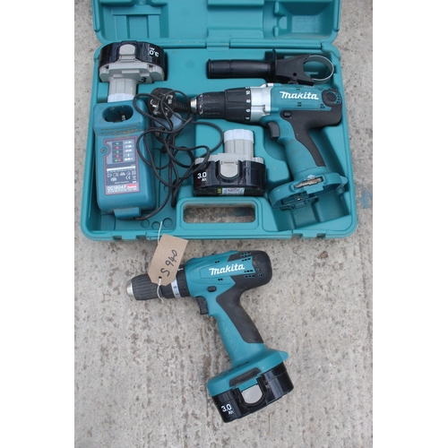 TWO MAKITA BATTERY DRILLS COMPLETE WITH THREE BATTERIES AND A BATTERY