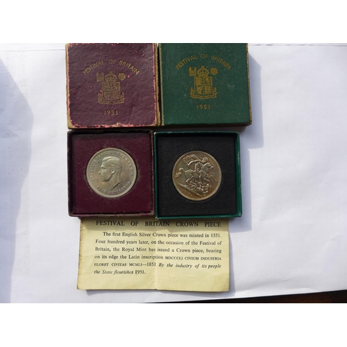 306 - TWO BOXED GEORGE VI 1951 FESTIVAL OF BRITAIN CROWNS, IN GREEN AND MAROON BOXES