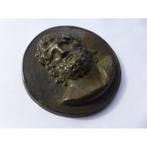 309 - A LARGE RENAISSANCE TYPE BRONZE UNIFACE MEDAL OF A GOD, DIAMETER 8CM, CAST IN HIGH RELIEF