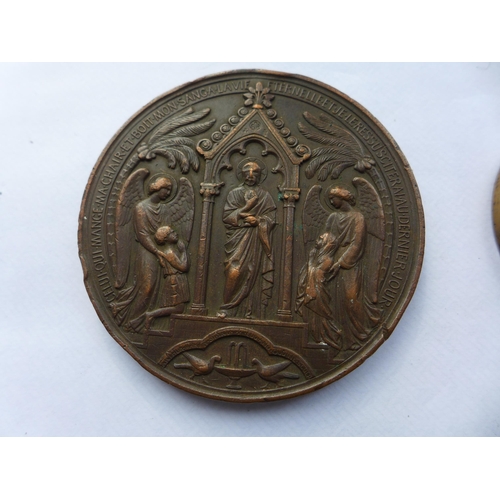 323 - A LARGE BRONZE ECCLESIASTICAL MEDAL CIRCA 1869, 70MM AND A BRONZE CHURCH OF SCOTLAND TRAINING COLLEG... 