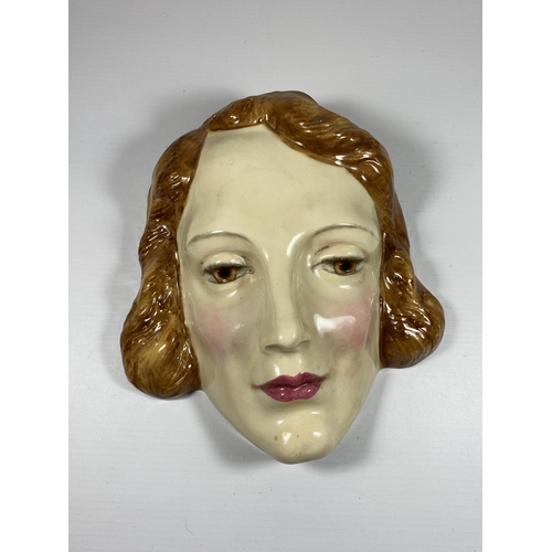 1 - AN ART DECO 1920/1930'S ROYAL DOULTON POTTERY LADY MASK PLAQUE, HN1591, LENGTH 18CM