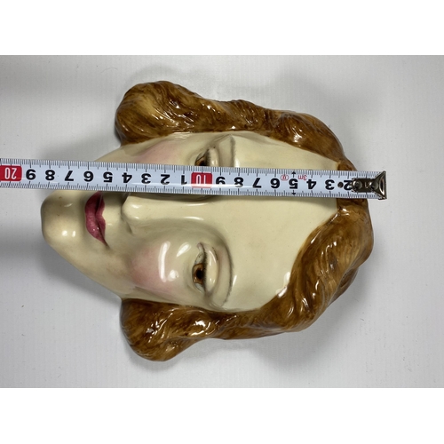 1 - AN ART DECO 1920/1930'S ROYAL DOULTON POTTERY LADY MASK PLAQUE, HN1591, LENGTH 18CM