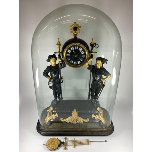 12 - A FRENCH JAPY FERERES SPELTER TWO TRAIN DOMED CLOCK WITH TWIN FIGURAL DESIGN, DOME HEIGHT 64CM, WITH... 