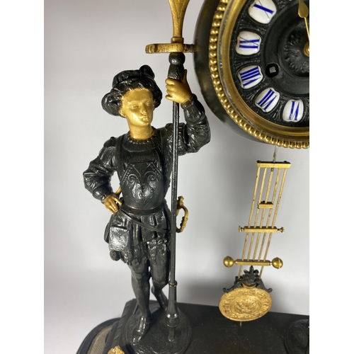 12 - A FRENCH JAPY FERERES SPELTER TWO TRAIN DOMED CLOCK WITH TWIN FIGURAL DESIGN, DOME HEIGHT 64CM, WITH... 