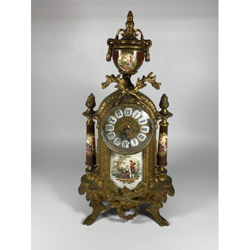 13 - A LIMOGES STYLE DECORATIVE BRASS MANTLE CLOCK, CONVERTED TO BATTERY, HEIGHT 41CM