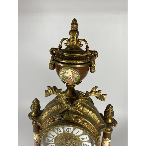 13 - A LIMOGES STYLE DECORATIVE BRASS MANTLE CLOCK, CONVERTED TO BATTERY, HEIGHT 41CM