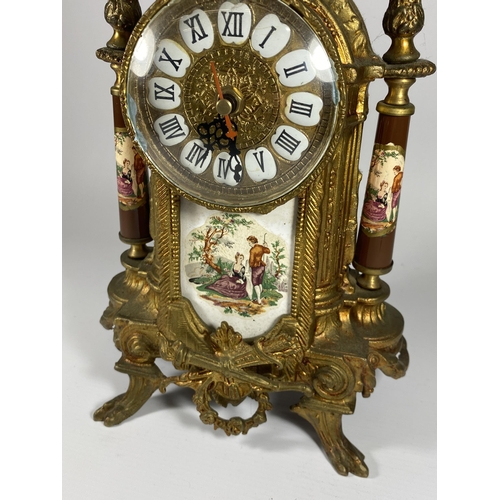 13 - A LIMOGES STYLE DECORATIVE BRASS MANTLE CLOCK, CONVERTED TO BATTERY, HEIGHT 41CM