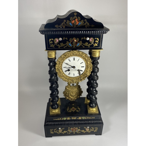 15 - A JAPY FERERES MOVEMENT DECORATIVE EBONISED STYLE COLUMN CLOCK WITH PENDULUM & KEY, HEIGHT 50CM