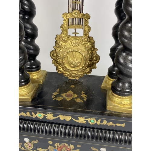 15 - A JAPY FERERES MOVEMENT DECORATIVE EBONISED STYLE COLUMN CLOCK WITH PENDULUM & KEY, HEIGHT 50CM