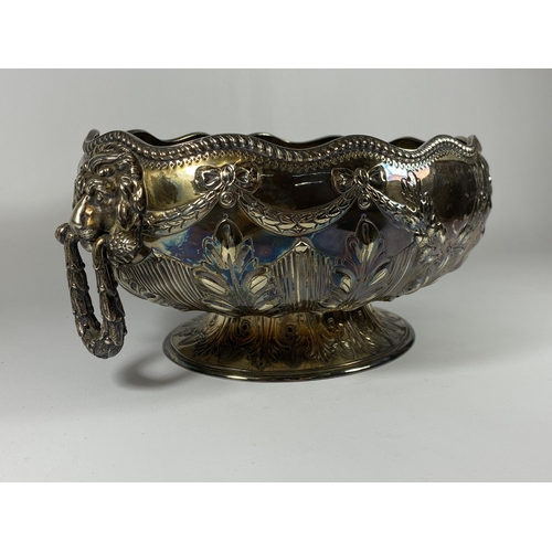 8 - A VICTORIAN, DATED 1868, ELKINGTON & CO SILVER PLATED LION TWIN HANDLED PEDESTAL BOWL, LENGTH 30CM