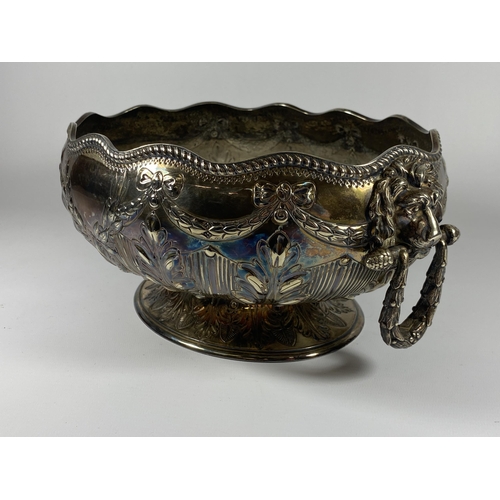 8 - A VICTORIAN, DATED 1868, ELKINGTON & CO SILVER PLATED LION TWIN HANDLED PEDESTAL BOWL, LENGTH 30CM
