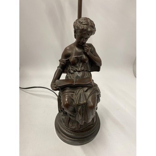 104 - AN ART NOUVEAU SPELTER FIGURAL TABLE LAMP, HEIGHT 60CM