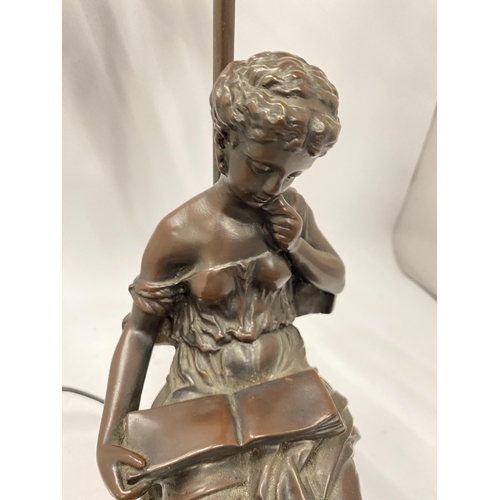 104 - AN ART NOUVEAU SPELTER FIGURAL TABLE LAMP, HEIGHT 60CM