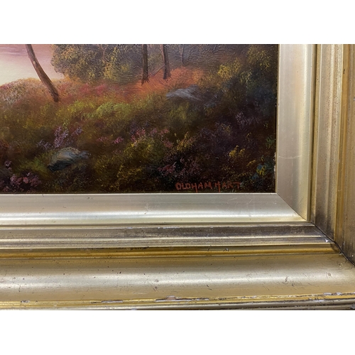 117 - A GILT FRAMED 1911 LAKEVIEW SCENE OIL ON CANVAS, SIGNED OLDHAM HART, 45 X 62CM