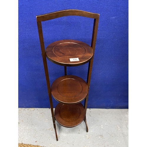 120 - A VINTAGE THREE TIER FOLDING WOODEN CAKE STAND