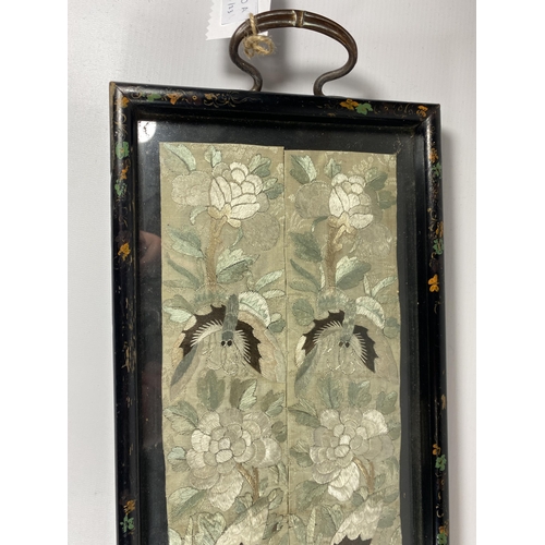 420A - A VINTAGE ORIENTAL EMBROIDERY INSET IN DRINKS TRAY, LENGTH 66CM