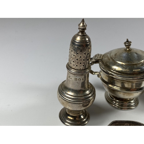 623 - A COLLECTION OF HALLMARKED SILVER ITEMS, CONDIMENT SET, SMALL TROPHY AND A/F NAPKIN RINGS