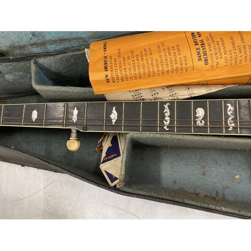 70 - A VINTAGE CASED 'PARAGON' BANJO WITH MOTHER OF PEARL FRETBOARD