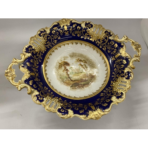 72 - A VICTORIAN FOOTED COMPORT WITH COBALT BLUE, GOLD FILIGREE AND TRANSFER PRINTED SCENE, HEIGHT 17CM