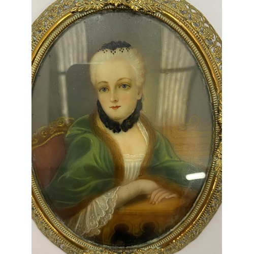 74 - AN ANTIQUE BRASS FRAMED HAND PAINTED PORTRAIT MINIATURE, HEIGHT 10CM