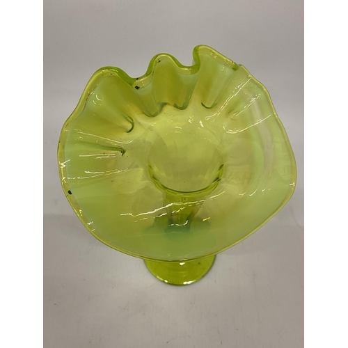 78 - A VINTAGE VASELINE GLASS BUD VASE, HEIGHT 19CM