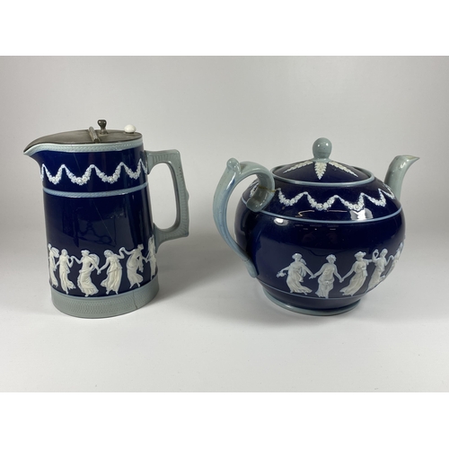 824 - TWO COPELAND SPODE JASPERWARE STYLE ITEMS - TEAPOT & WATER JUG, A/F