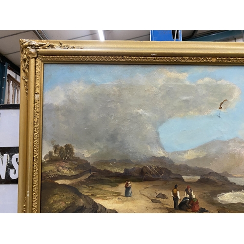 83 - A GILT FRAMED VICTORIAN 1849 G.WILLIAMS OIL ON CANVAS 'THE SEAWOOD COLLECTORS' 46 X 74CM