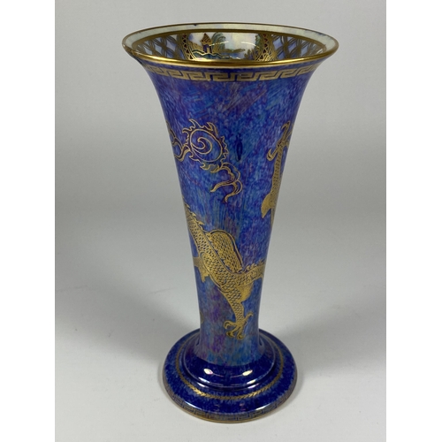 844 - A WEDGWOOD DRAGON LUSTRE TRUMPET VASE, HEIGHT 20CM, RESTORATION TO RIM