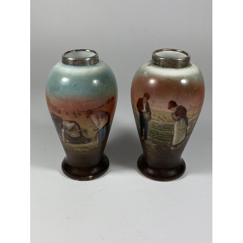 848 - A PAIR OF CONTINENTAL PORCELAIN VASES WITH HALLMARKED SILVER RIMS, HEIGHT 12CM