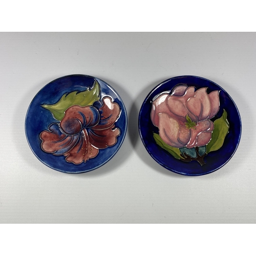 860 - TWO VINTAGE MOORCROFT PIN TRAYS WITH QUEEN MARY LABEL TO BASE