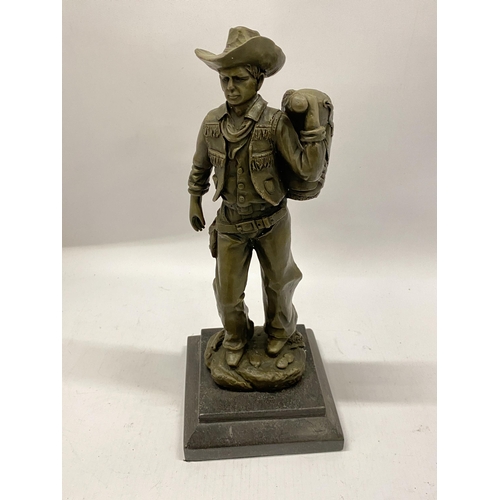 92 - A BRONZE COWBOY FIGURE, SIGNED MILO, HEIGHT 32CM