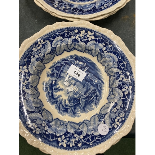 144 - A QUANTITY OF VICTORIAN PLATES WITH IMPRESSED MARK TO TH BACK PLUS FIVE MASON'S 'VISTA' BLUE AND WHI... 