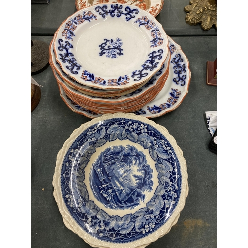 144 - A QUANTITY OF VICTORIAN PLATES WITH IMPRESSED MARK TO TH BACK PLUS FIVE MASON'S 'VISTA' BLUE AND WHI... 