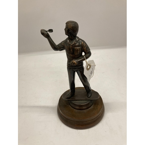 147 - A SPELTER FIGURE OF A DARTS PLAYER HEIGHT 22CM